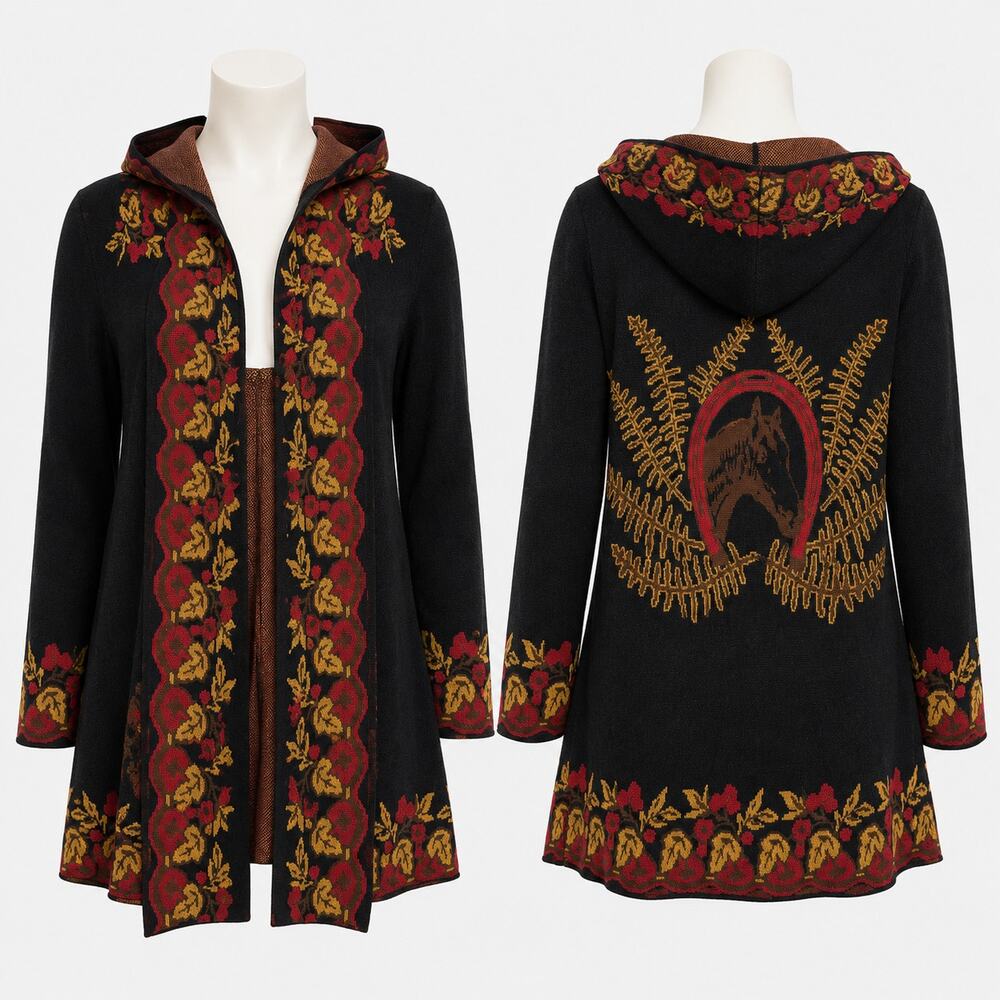 Vintage Tasha Polizzi Collection Hooded Open Cardigan Women's S Horse Motif